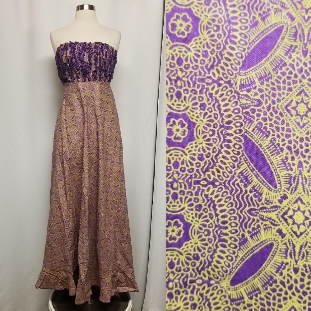 Vintage African Handmade Double Wax Block Strapless Maxi Dress Authentic Size 14
